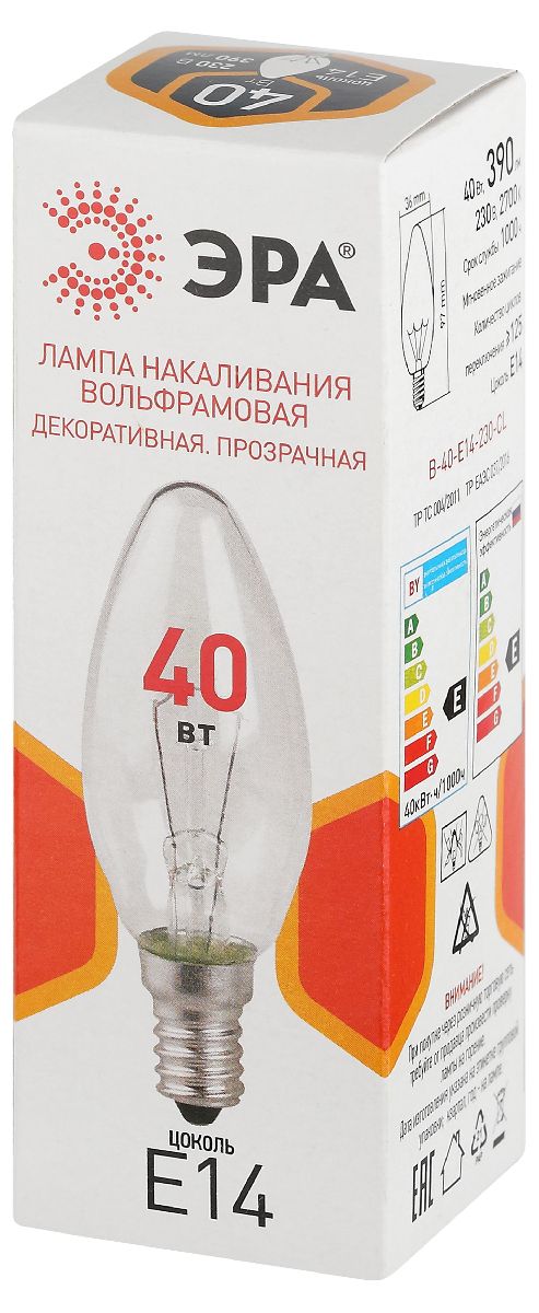 Лампа накаливания Эра B-40-E14-230-CL свечка Б0066509