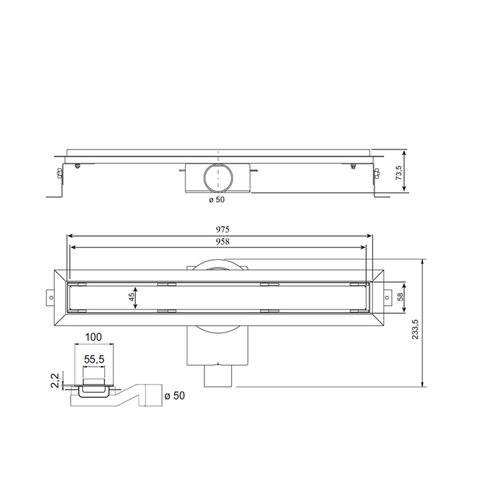Plumberia Selection Трап душевой PS IN-TILE 6x100 2устор. накладка из нерж.стали, комбинир.затвор с горизонт. Выпуском Ду 50мм,40л/мин, цвет: золото брашированная