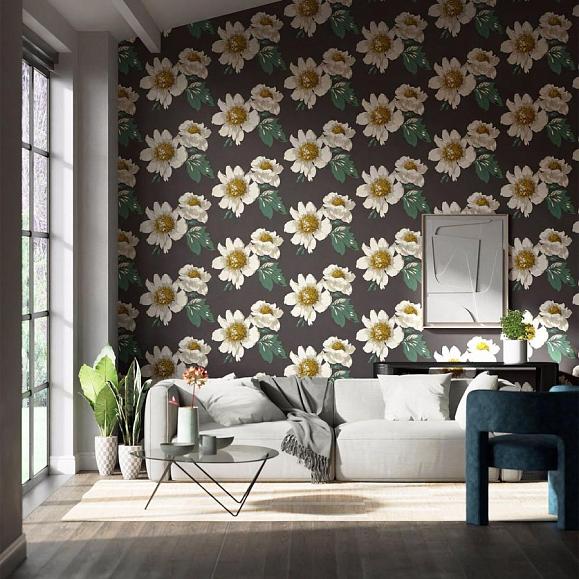 Обои Harlequin 112841 Paeonia Black Earth/Fig Leaf/ Gold