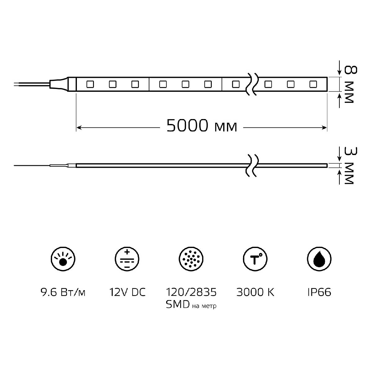 Светодиодная влагозащищенная лента Gauss 9,6W/m 120LED/m 2835SMD теплый белый 5M 356000110
