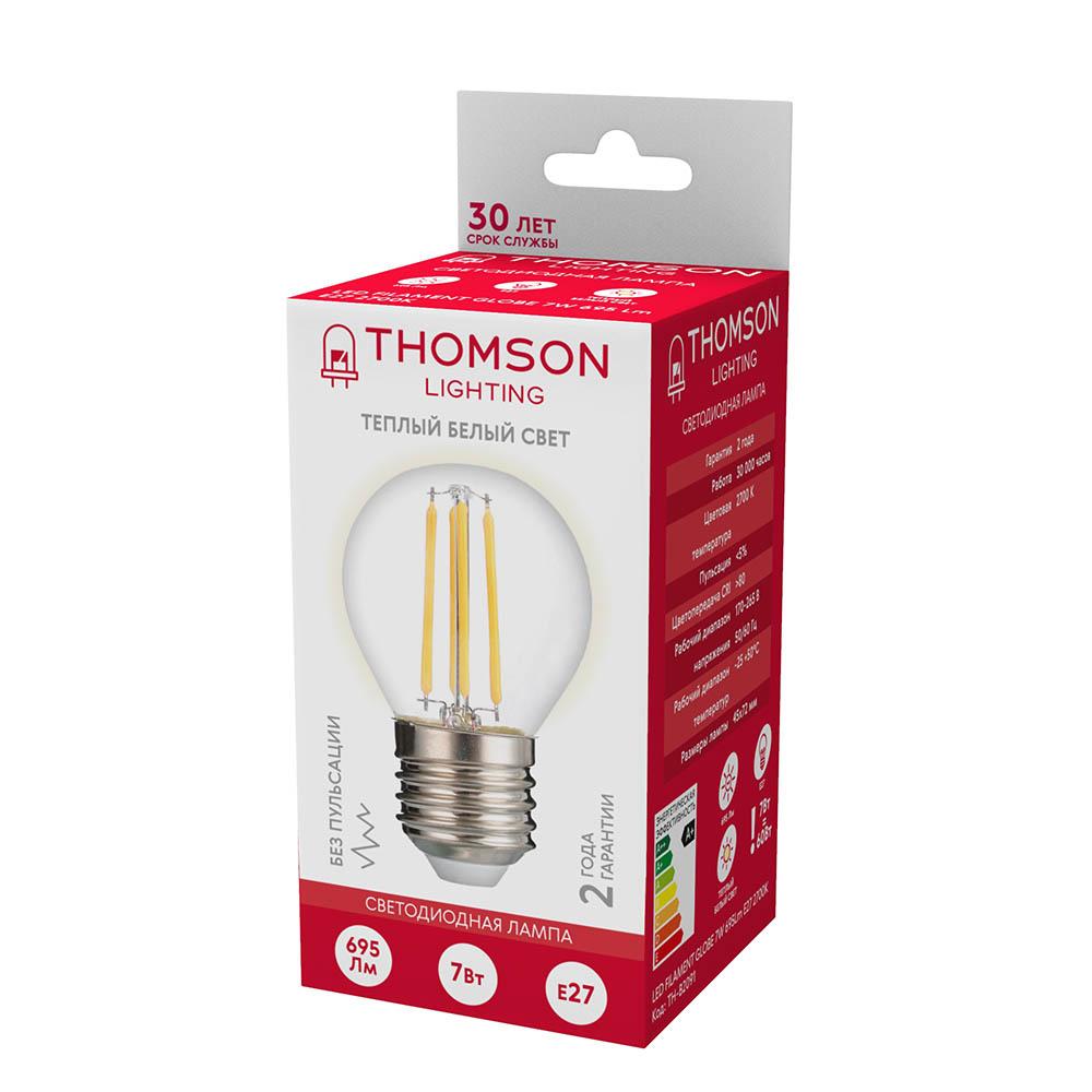 Лампа светодиодная филаментная Thomson E27 7W 2700K шар прозрачный TH-B2091