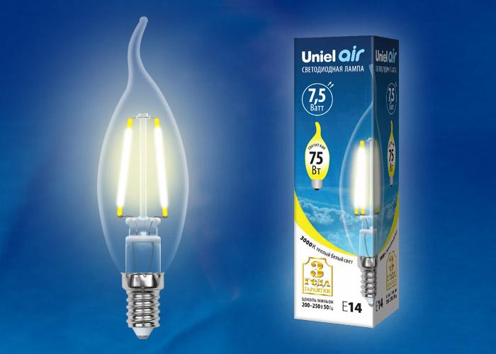 Лампа светодиодная филаментная (UL-00003247) Uniel E14 7,5W 4000K прозрачная LED-C35-7,5W/NW/E14/CL GLA01TR
