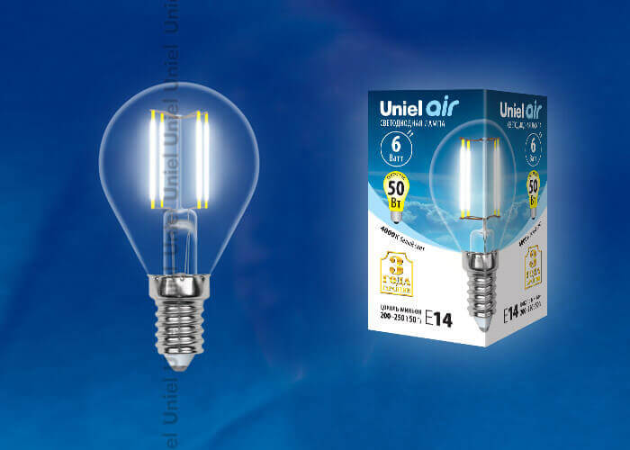 Лампа светодиодная филаментная (UL-00002207) Uniel E14 6W 4000K прозрачная LED-G45-6W/NW/E14/CL GLA01TR