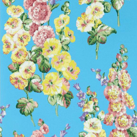 Обои Sanderson 217033 Hollyhocks Fire Pink/Bright Blue