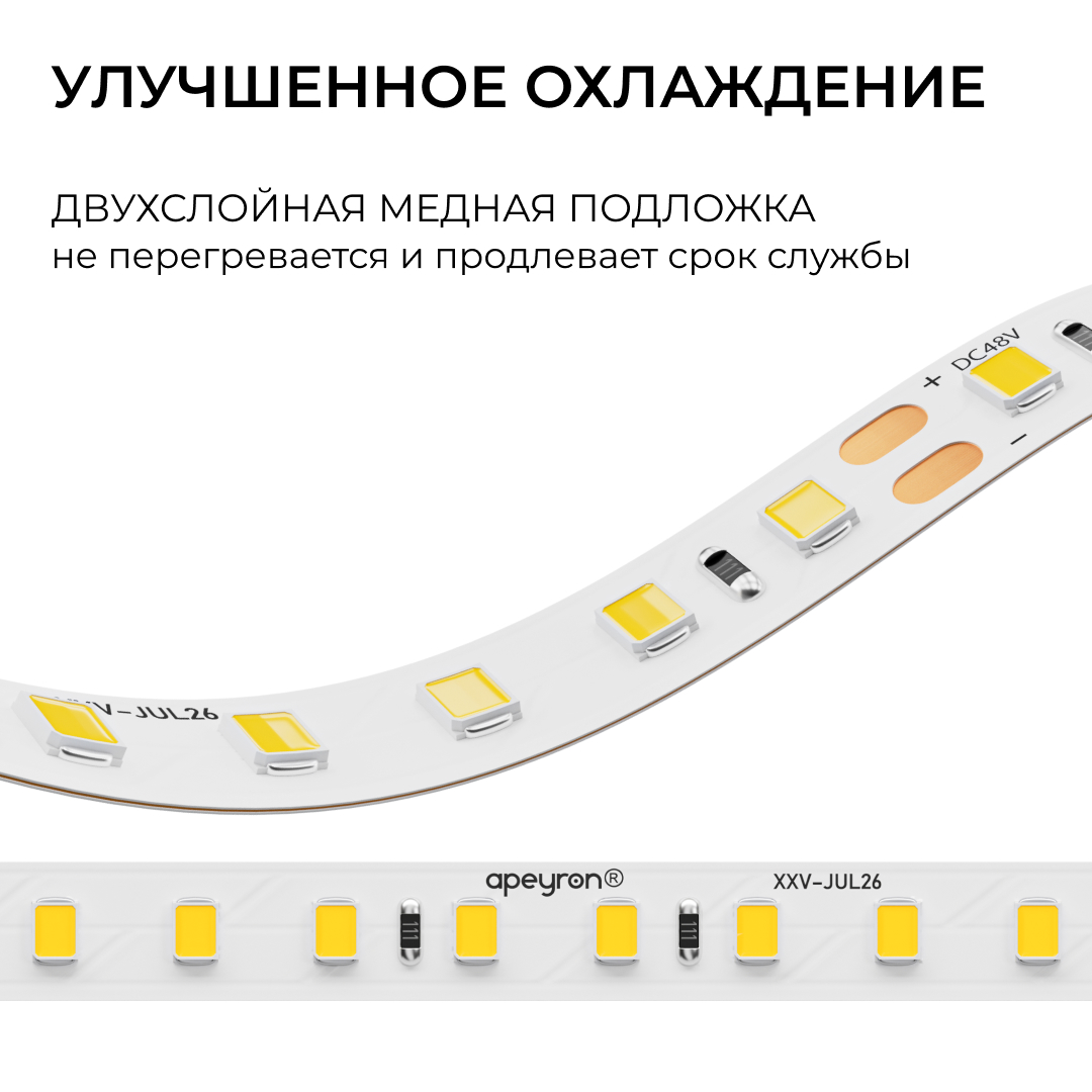 Светодиодная лента Apeyron 48В, 14,4Вт/м, SMD2835 120 д/м 1200 лм/м 3000K CRI90+ IP20 30м 00-456