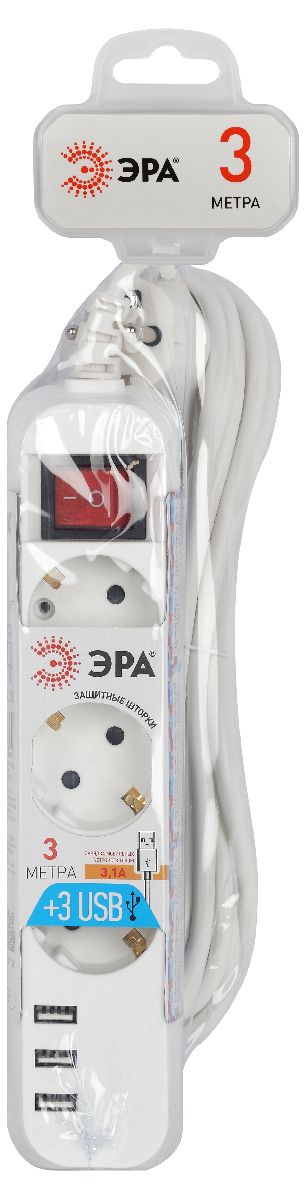 Удлинитель электрический Эра U-3es-3m-USB Б0052901