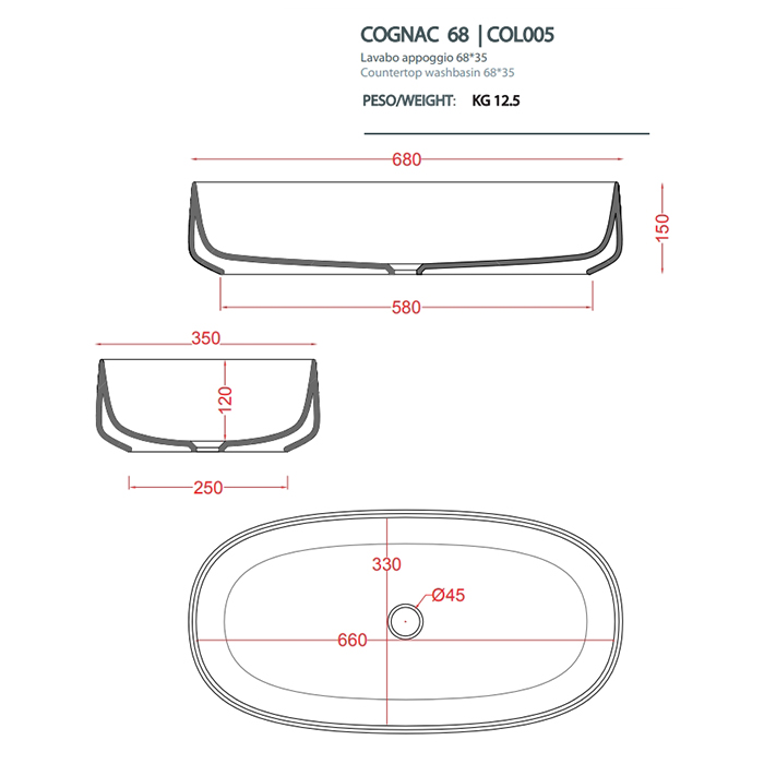 Artceram Cognac Раковина накладная 68x35 см, saniglaze, цвет: белый матовый