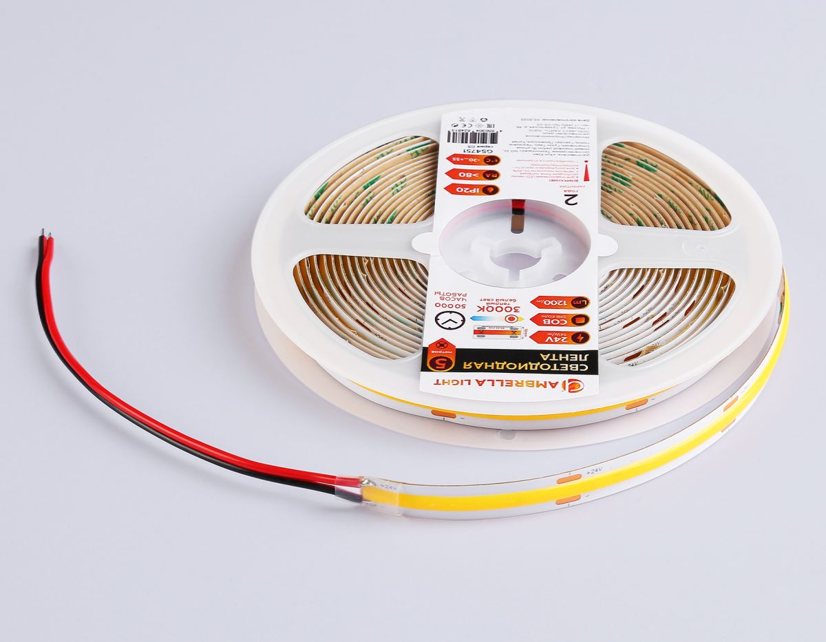 Светодиодная лента Ambrella Light Illumination COB 528Led/14W m/ 24V IP20 3000K/ 5m*10mm*2mm (2 конт.) GS4751