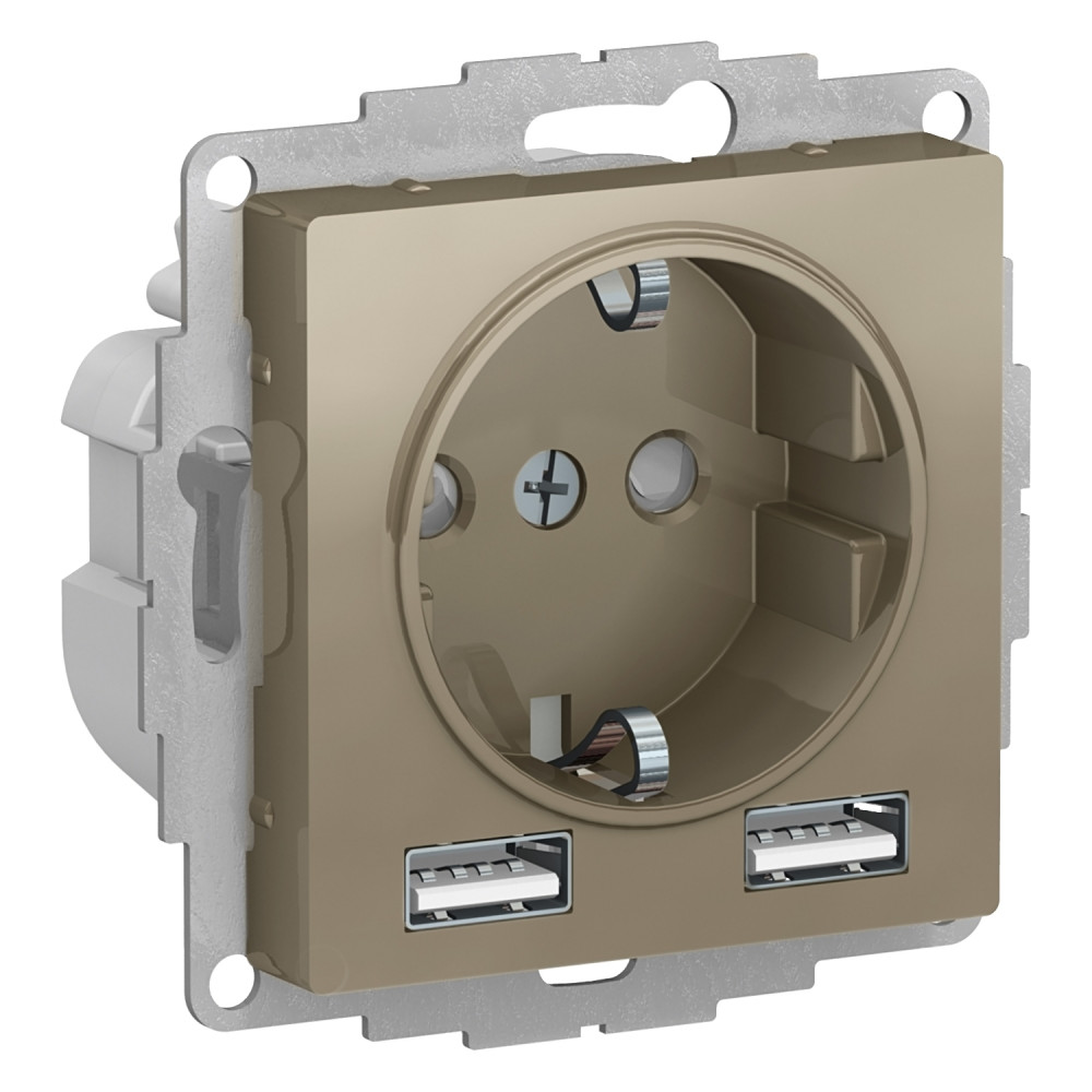 Розетка Systeme Electric AtlasDesign Шампань A+A, 5В/2,4А, 2х5В/1,2А SO + USB ATN000530